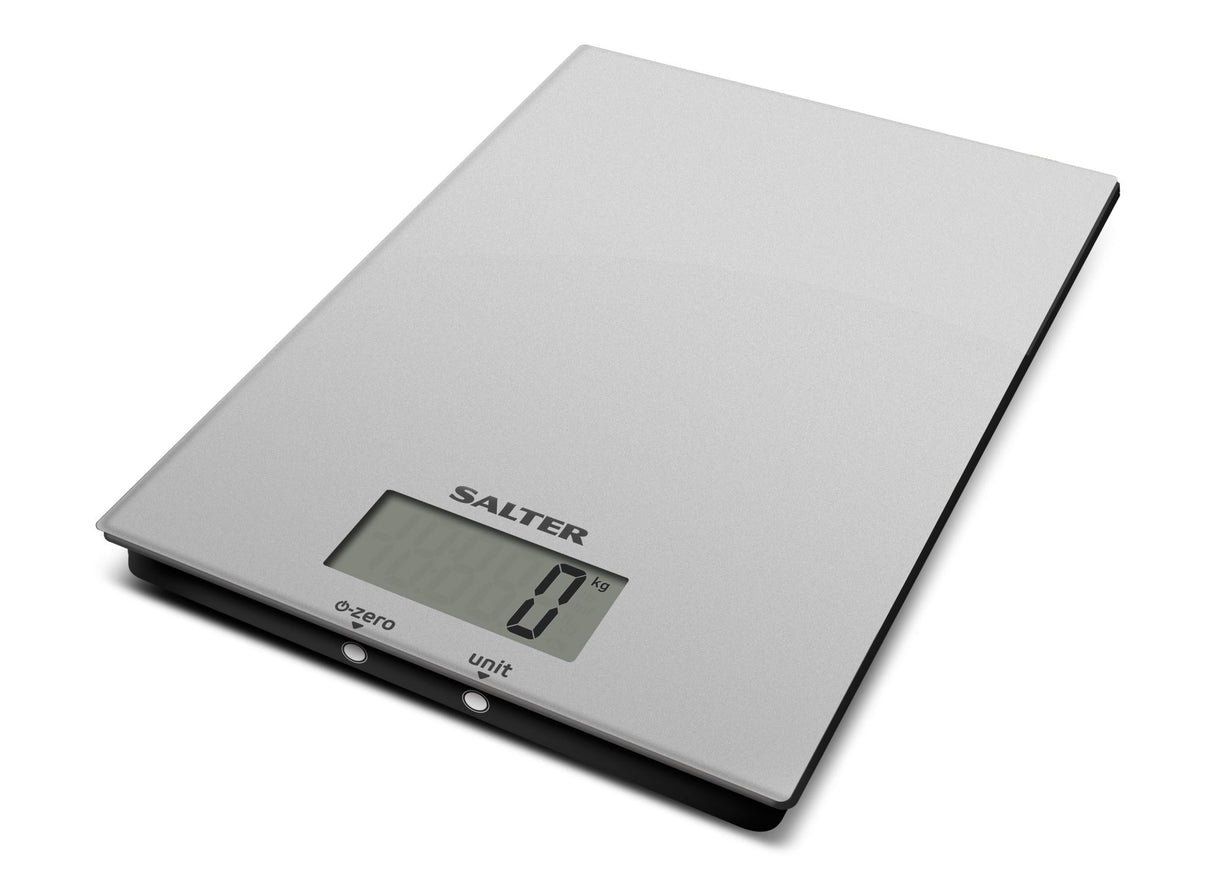 Sleek Salter Ultra Slim Glass Kitchen Scale with large display, precise measurements, and hygienic glass surface.