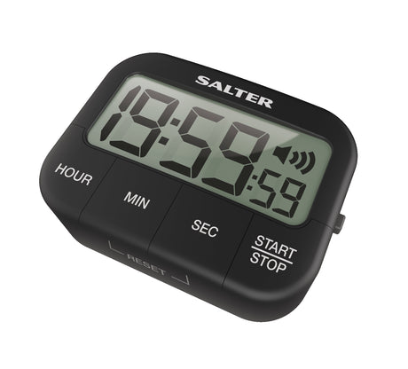 Compact electronic kitchen timer with large LCD, loud alert, and adjustable volume for precise cooking up to 19 hours.