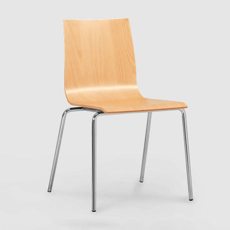 Ply Chair with natural finish featuring a durable steel frame and comfortable plywood shell, ideal for various settings.