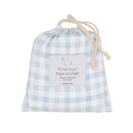 Waterproof Jersey Fitted Cot Sheet - Gingham Blue - All4Ella