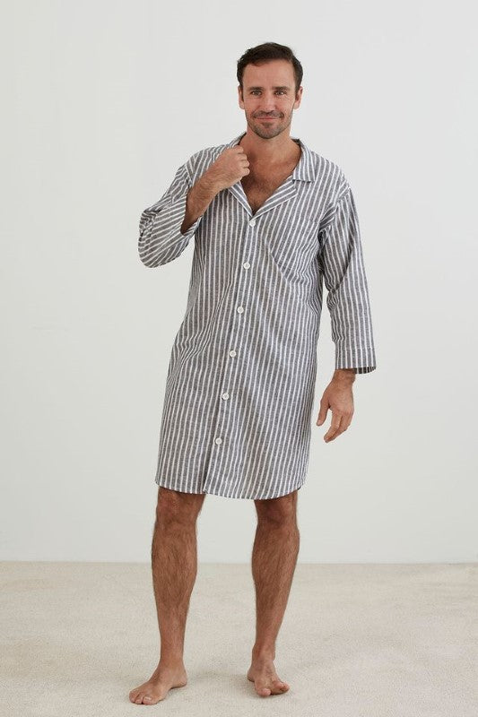 Grey and white striped large nightshirt with button-down, long sleeves, traditional collar, and breast pocket by BAKSANA.