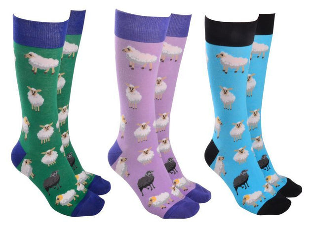 Colorful assortment of 6 cozy socks featuring playful sheep designs for animal lovers and unique fashion fans.