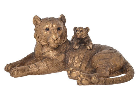 Bronze sculpture of a tiger and cub, 24cm tall, showcasing intricate details and a timeless finish for elegant decor.