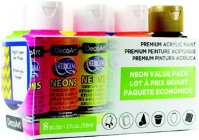 Colorful 8-pack of Decoart Americana Neons acrylic paints in squeeze bottles, ideal for vibrant DIY projects and crafts.