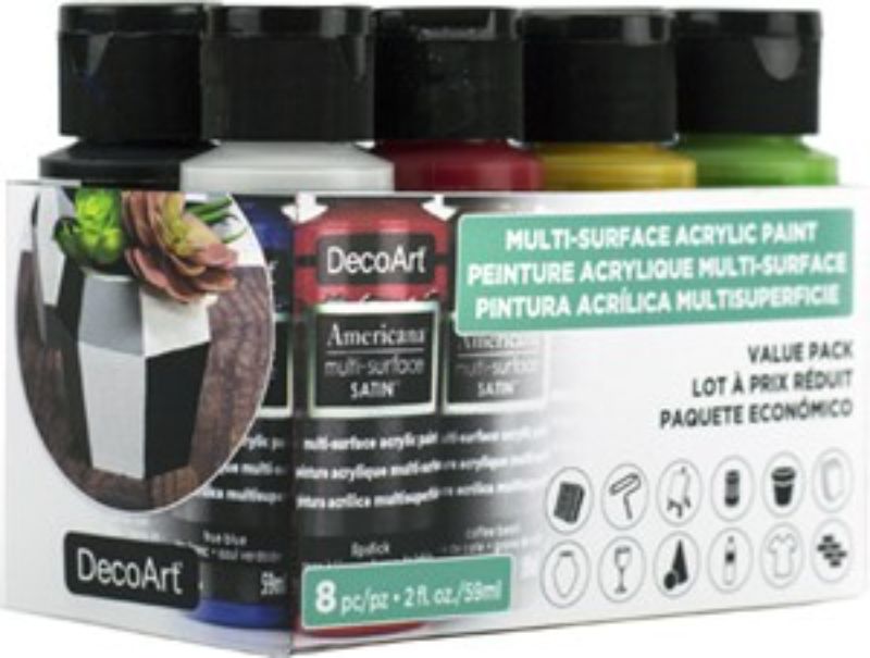 Decoart 8-Pack Americana Multi-Surface acrylic paints featuring vibrant colors for versatile crafting on various surfaces.