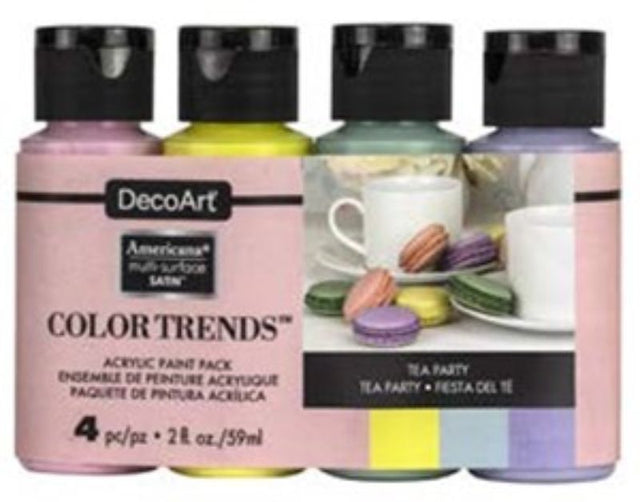 Set of four pastel acrylic paints in Decoart Americana Tea Party pack, ideal for diverse DIY projects and home decor.