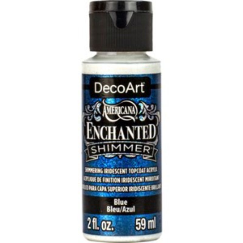 Americana Enchanted Shimmer 2oz Blue paint with iridescent particles, perfect for adding vibrant shimmer to art and crafts.