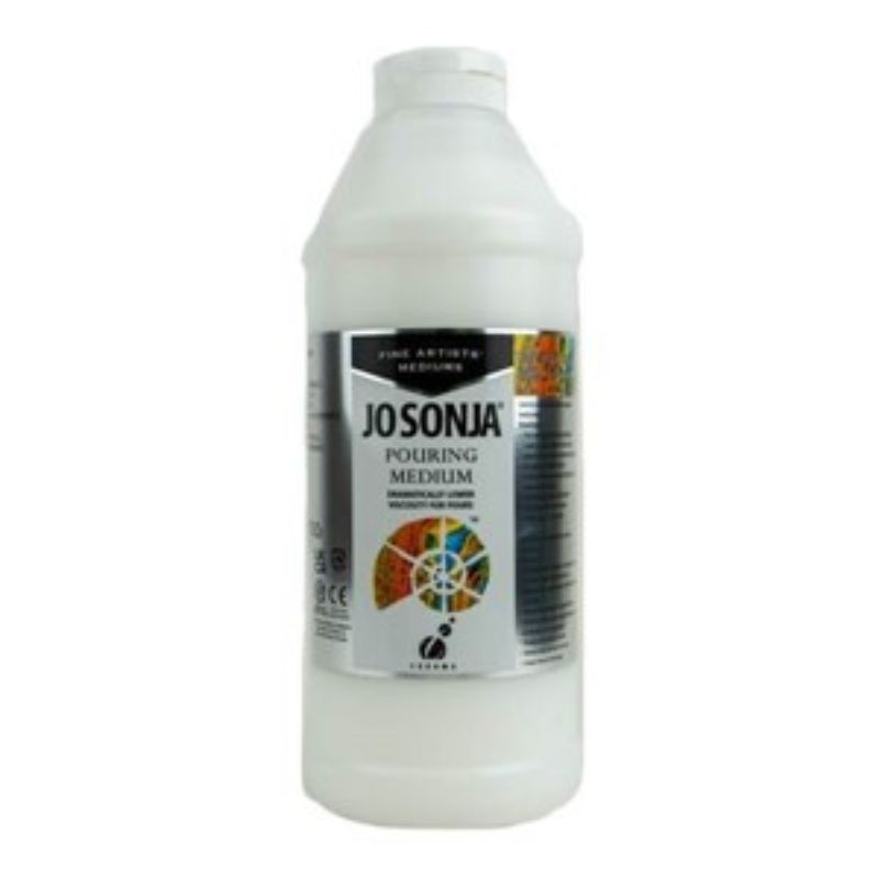 A 1-liter bottle of Js Pouring Medium, ideal for creating stunning fluid art with a clear, glossy finish and easy cleanup.