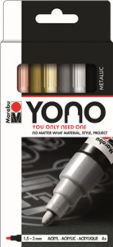 Set of 4 Marabu Yono Bullet Metallic markers for vibrant color and smooth application on various surfaces.