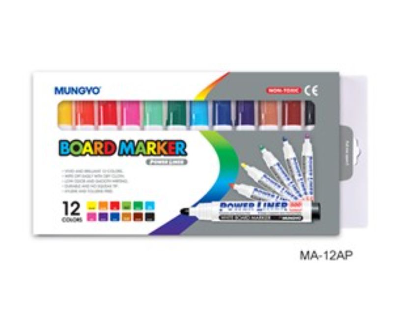 Mungyo White Board Marker Set of 12 with chisel tips, featuring vivid colors for smooth, erasable writing and low odor.