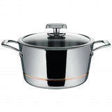 24cm Scanpan Axis Dutch Oven with stainless steel and copper construction, dome glass lid, and capacity markings for precise cooking.