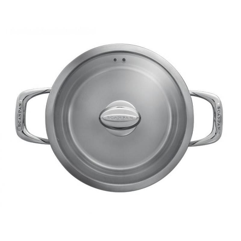 24cm Scanpan Axis Dutch Oven with copper core, stainless steel body, dome glass lid, and ergonomic handles for versatile cooking.