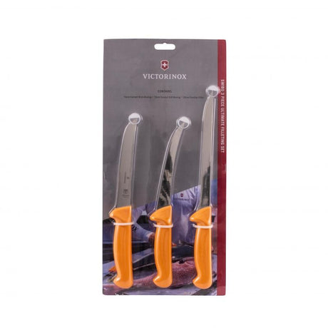 Victorinox Swibo 3-Piece Fillet Clam Pack featuring three premium stainless steel knives with yellow Polyamide handles in clam storage.