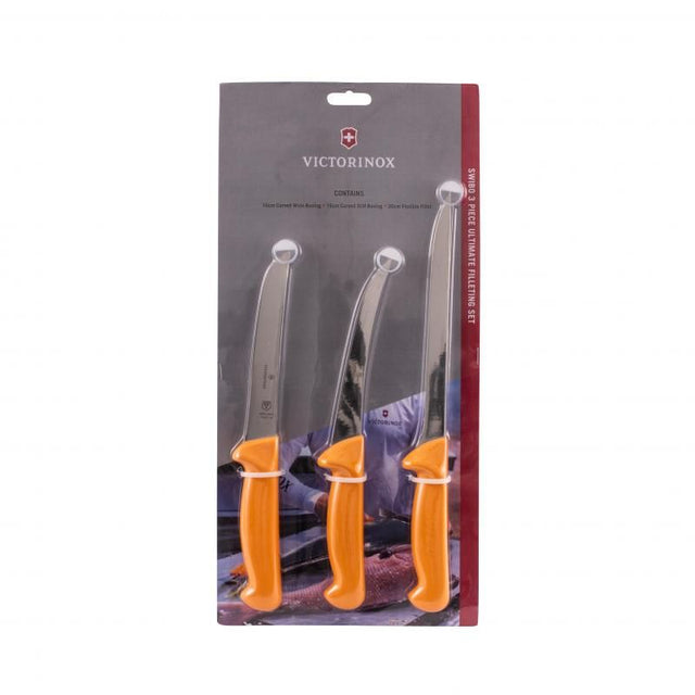 Victorinox Swibo 3-Piece Fillet Clam Pack featuring three premium stainless steel knives with yellow Polyamide handles in clam storage.