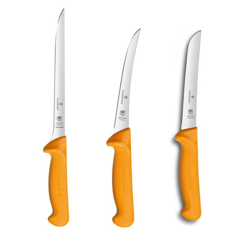 Victorinox Swibo 3-Piece Fillet Clam Pack featuring three Swiss-crafted knives with yellow handles for filleting and boning fish.