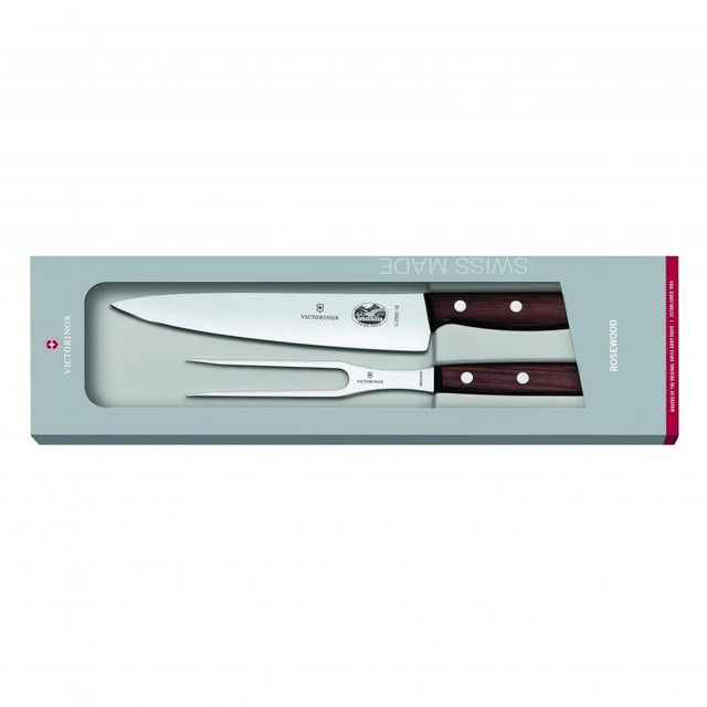 Victorinox Rosewood Carving 2pcs Set featuring elegant rosewood handles and precision blade for effortless meat carving.