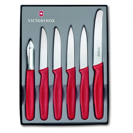 Victorinox 6-piece paring knife set in vibrant red with ergonomic handles and stainless steel blades for precise food prep.