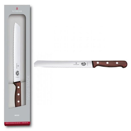 Victorinox 21cm bread knife with serrated stainless steel blade and ergonomic rosewood handle for effortless slicing.