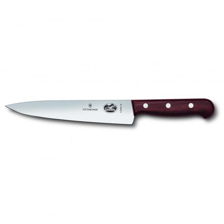 Victorinox 19cm chef knife with ergonomic rosewood handle, stainless steel blade, perfect for precision cooking.