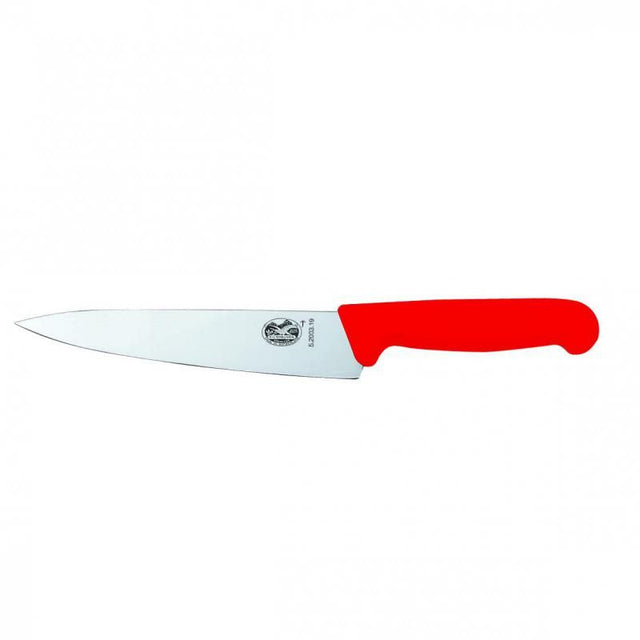 Red Victorinox Cooks Carving Knife Fibrox 25cm with high carbon stainless steel blade and ergonomic non-slip handle.