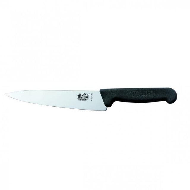 Victorinox Cooks Carving Knife with 12cm high-carbon stainless-steel blade and ergonomic black handle for precision cutting.