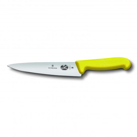 High carbon stainless steel carving knife with yellow Fibrox handle, 25cm blade, ergonomic, non-slip, and dishwasher safe.