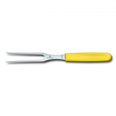 Victorinox 15cm carving fork with ergonomic yellow handle and flat tines for effortless meat carving and serving.