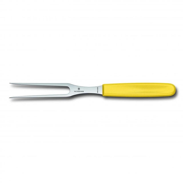 Victorinox 15cm carving fork with ergonomic yellow handle and flat tines for effortless meat carving and serving.