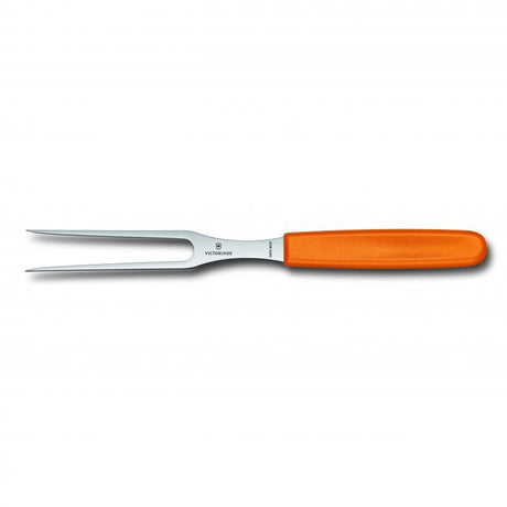 Victorinox 15cm carving fork with orange ergonomic handle and mirrored flat tines for effortless meat carving and slicing.