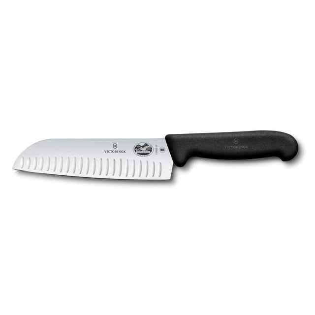 Victorinox Fibrox Santoku Knife with 17cm fluted edge, featuring a slip-resistant handle for effortless chopping and slicing.