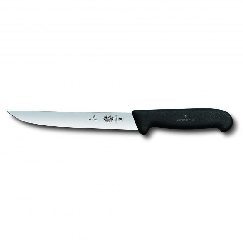 Victorinox 15cm carving knife with narrow blade, black handle, high carbon stainless steel, anti-slip grip for precision slicing.