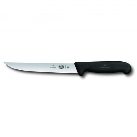 Victorinox 15cm carving knife with narrow blade, black handle, high carbon stainless steel, anti-slip grip for precision slicing.