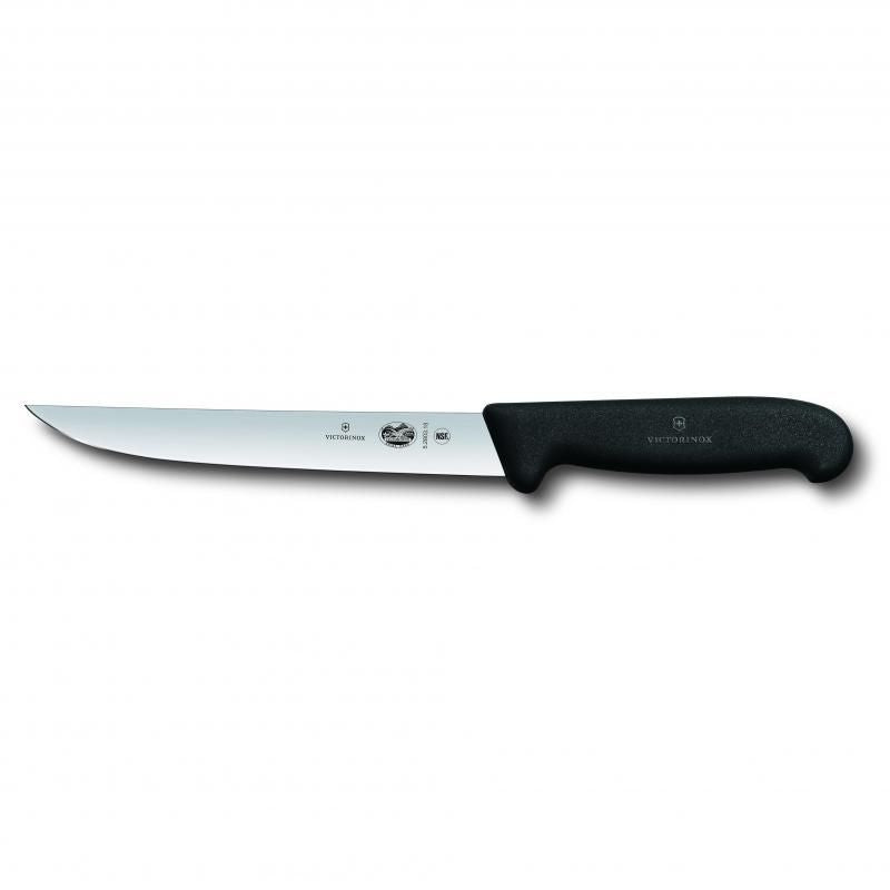 Victorinox 18cm carving knife with narrow blade and ergonomic black Fibrox handle for precise cutting of meats and vegetables.