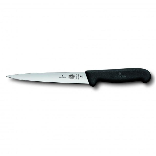 Victorinox Fibrox filleting knife with an 18cm flexible blade and ergonomic black handle, ideal for fish, poultry, and meat.