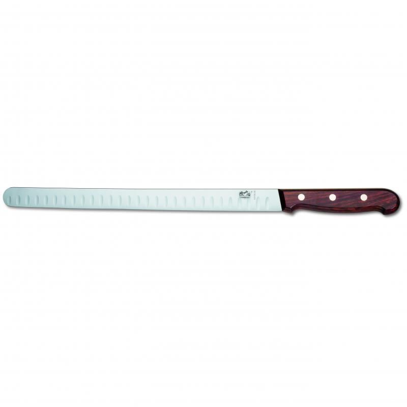 Victorinox 30cm Salmon Knife with fluted edge and Rosewood handle, ideal for precise slicing of fish and meats.