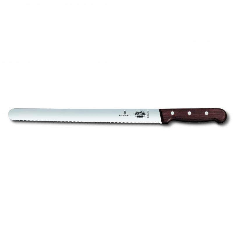 Victorinox slicing knife with a 25cm serrated blade and ergonomic rosewood handle for precise cutting of meats and pastries.