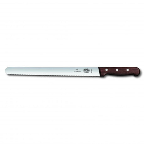 Victorinox slicing knife with a 25cm serrated blade and ergonomic rosewood handle for precise cutting of meats and pastries.