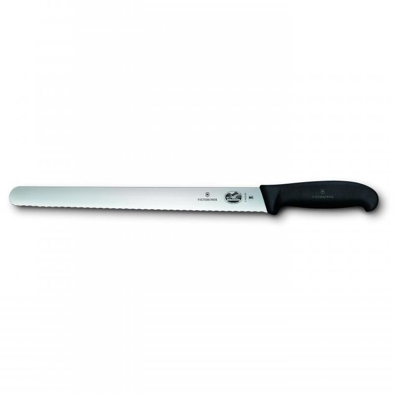 Victorinox 30cm slicing knife with round wavy edge and ergonomic Fibrox handle for effortless meat cutting.