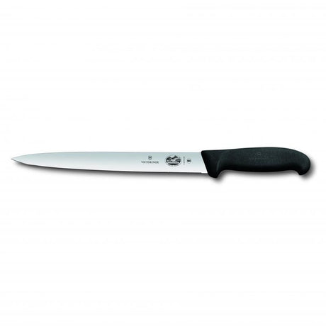 Victorinox 25cm sausage knife with rear saw edge, pointed tip, black Fibrox handle for precise and ergonomic cutting.