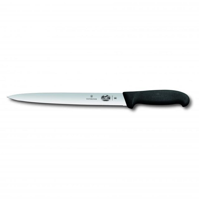 Victorinox 25cm sausage knife with rear saw edge, pointed tip, black Fibrox handle for precise and ergonomic cutting.