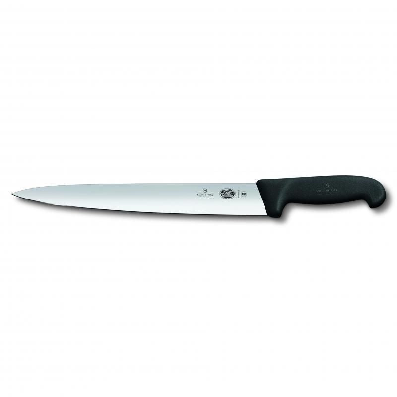 Victorinox 25cm slicing knife featuring a pointed tip, wide blade, and ergonomic black Fibrox handle for precision and comfort.