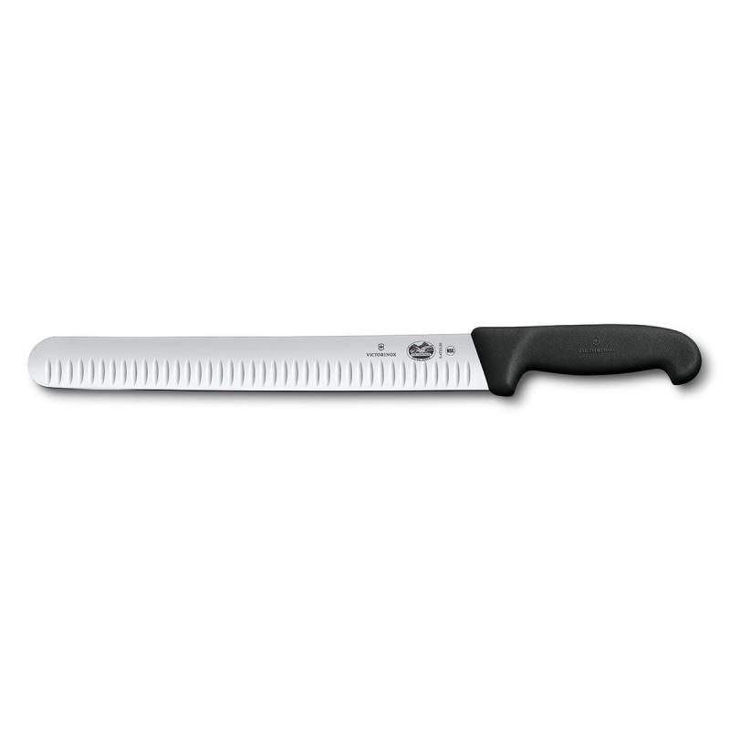 Victorinox Fibrox 30cm slicing knife with fluted blade, ergonomic handle, and high carbon stainless steel for precise cutting.