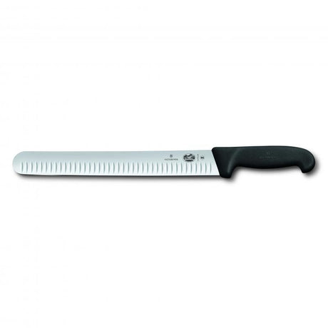 Victorinox salmon knife with flexible round blade and fluted edge, 36 cm black handle, designed for precise filleting.