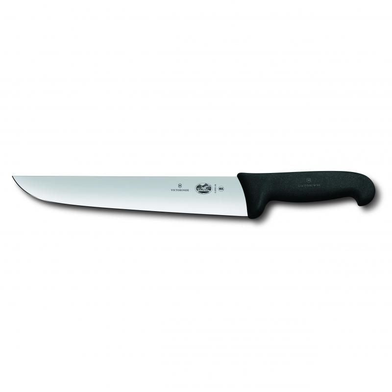 Victorinox 16cm Butchers Knife with a straight back blade and black Fibrox handle, ideal for precise meat cutting.