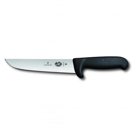 Victorinox 18cm butcher's knife with safety nose, ergonomic Fibrox handle for precision and reduced risk during meat prep.