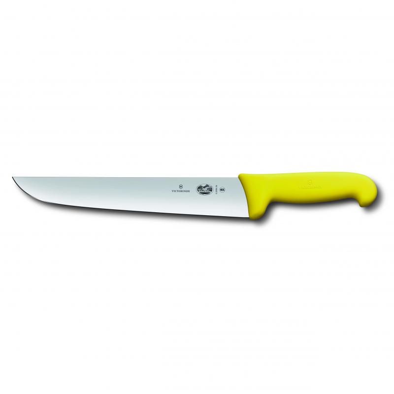 Victorinox 23cm Butchers Knife with straight back blade, yellow Fibrox handle for ergonomic grip and precision cutting.