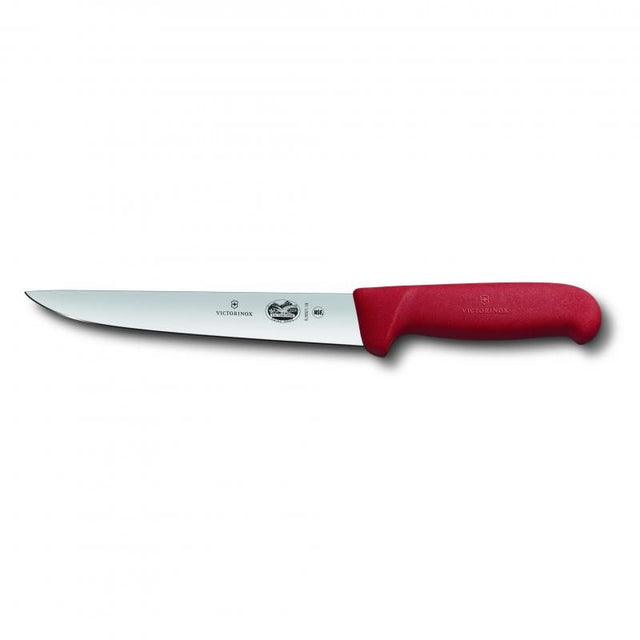 Victorinox 20cm sticking knife with red Ergonomic Fibrox handle, high carbon stainless steel blade, ideal for chefs and butchers.