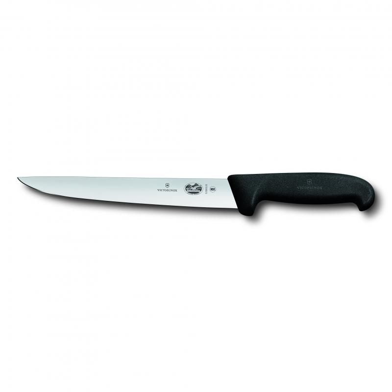 Victorinox 22cm sticking knife with straight back blade, ergonomic slip-resistant handle for precision meat slicing.