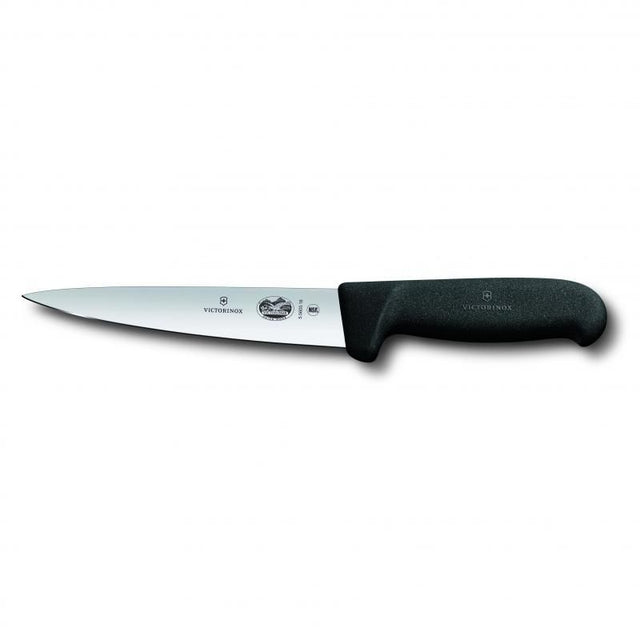 Victorinox 12cm sticking knife with pointed blade, black Fibrox handle for comfort and non-slip safety in kitchens.