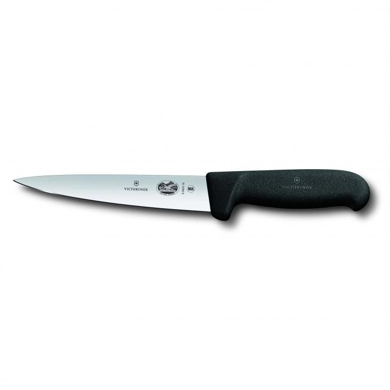 Pointed 14cm Victorinox sticking knife with a Fibrox black handle for comfort, precision, and durability in the kitchen.